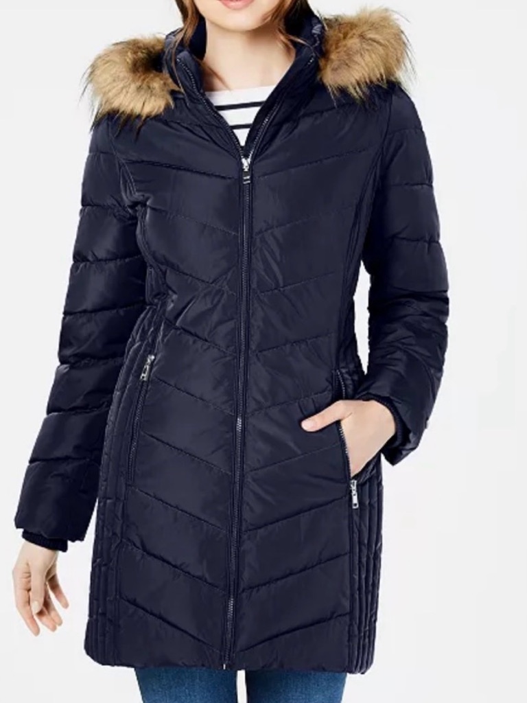Tommy Hilfiger Petite Chevron Faux-Fur Trim Hooded Puffer Coat In Navy Blue New